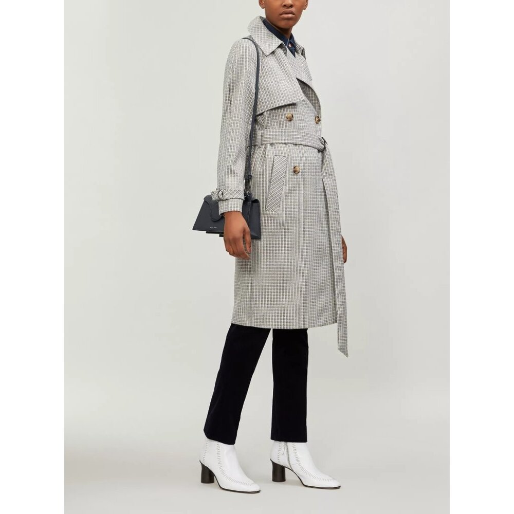 🆕TOPSHOP Angie Double Breasted Trench Coat Houndstooth Plaid Blue Gray - Picture 1 of 12